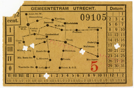 604441 Kaartje (vervoersbewijs) van de Gemeentetram Utrecht (G.T.U.) met het gestileerde routenetwerk van de ...